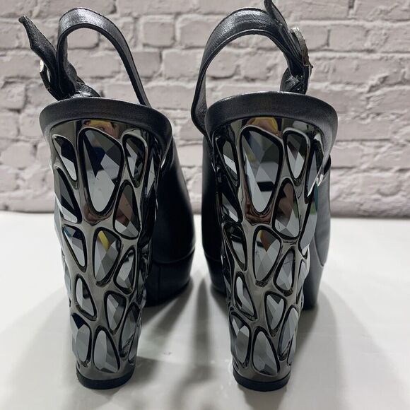 Nando Muzi Women’s Italian Leather Open Toe Jeweled Heels Pumps 36.5 Black - Picture 3 of 16